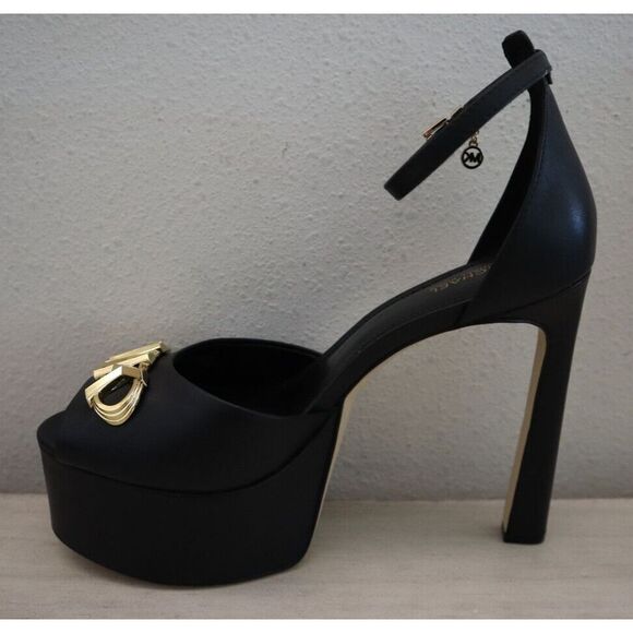 Michael Kors Women's Sz 8M Black Leather Martina 5" Peep-Toe Platform Pumps - Picture 8 of 11